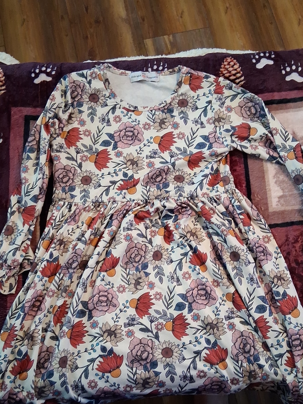 Girls Floral Long-Sleeve Casual Dress - Cream with Pink & Orange Flowers